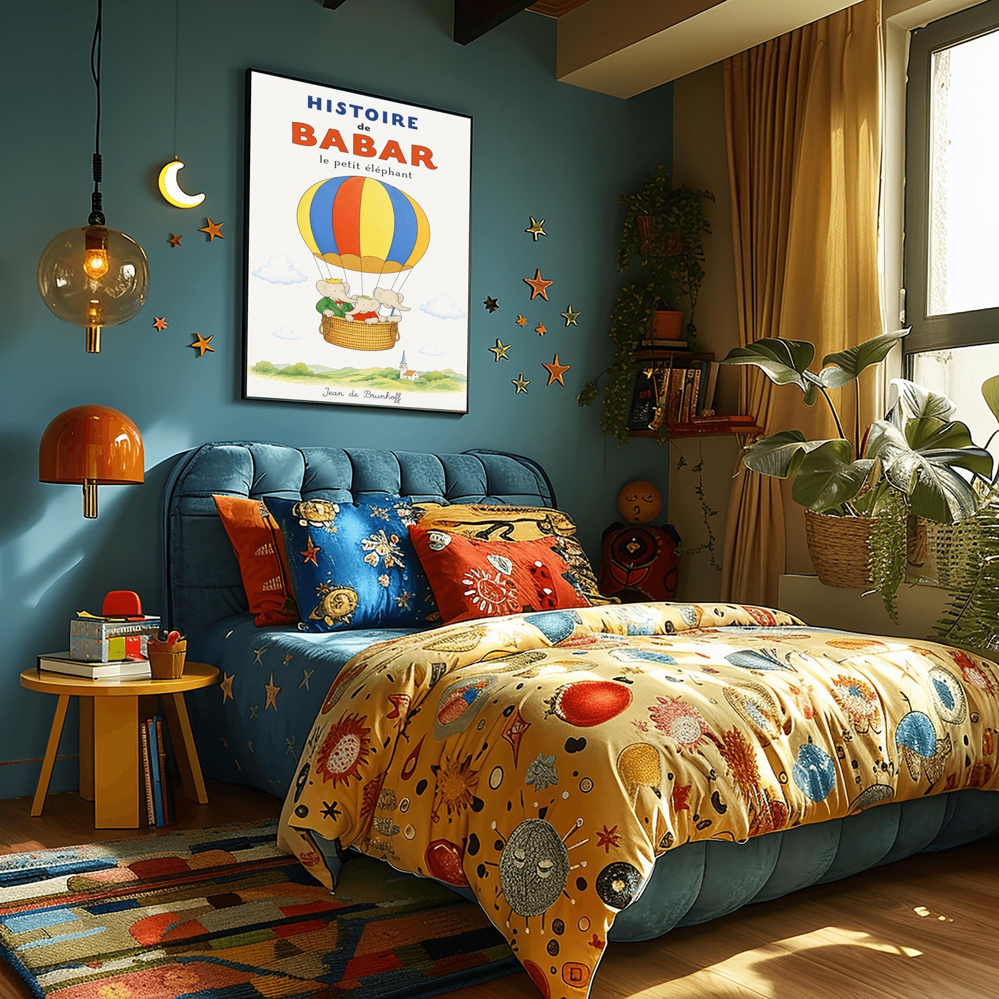 A vertical vintage-style storybook poster on an off-white background titled "HISTOIRE de BABAR le petit éléphant" in bold blue and orange font. The illustration features a large hot air balloon with yellow, blue, and orange stripes floating in a sky with soft clouds. Inside the wicker basket, three cartoon elephants ride together. On the left, King Babar wears a green suit and crown while pointing ahead. The other two young elephants wear red and white shirts.