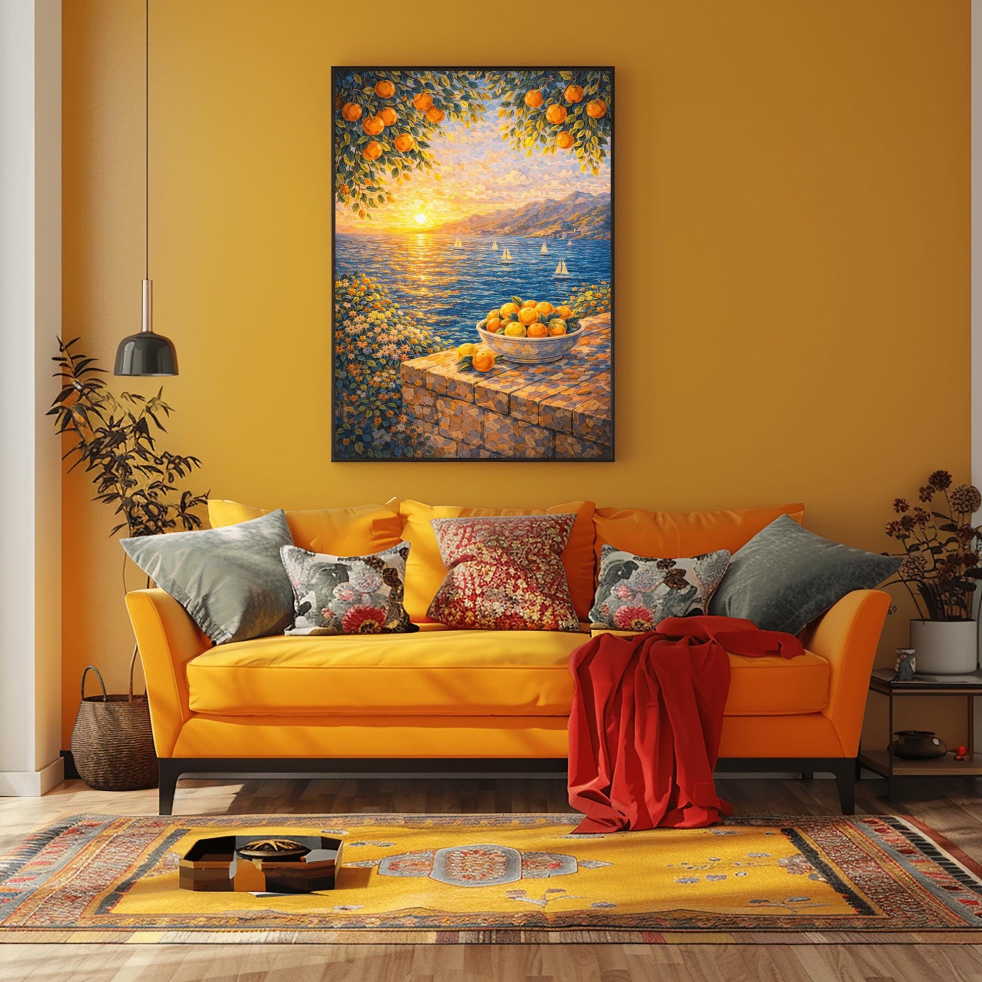 A vertical painterly illustration of a Mediterranean sunset. A low sun shines over a blue sea with sailboats, casting a golden reflection. In the foreground, a bowl of oranges sits on a stone wall. Orange tree branches frame the top of the scene.