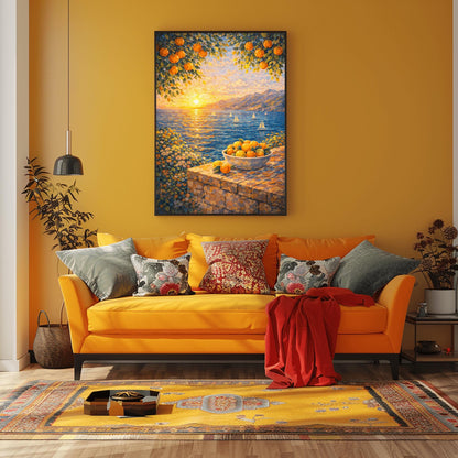 A vertical painterly illustration of a Mediterranean sunset. A low sun shines over a blue sea with sailboats, casting a golden reflection. In the foreground, a bowl of oranges sits on a stone wall. Orange tree branches frame the top of the scene.