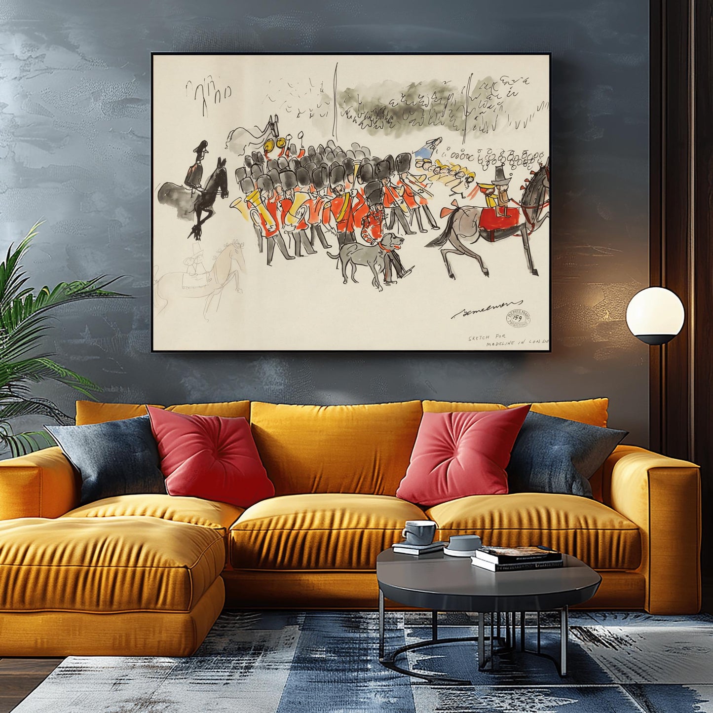 A vertical ink and watercolor sketch on cream paper by Ludwig Bemelmans titled "Sketch for Madeline in London." It depicts a band of British Royal Guards in red tunics and tall black bearskin hats playing brass instruments. To the right, Madeline and Pepito sit on a large grey horse. In the background, twelve schoolgirls in yellow hats watch the parade. A grey dog walks in the foreground. The artist's signature and a collection stamp are at the bottom right.