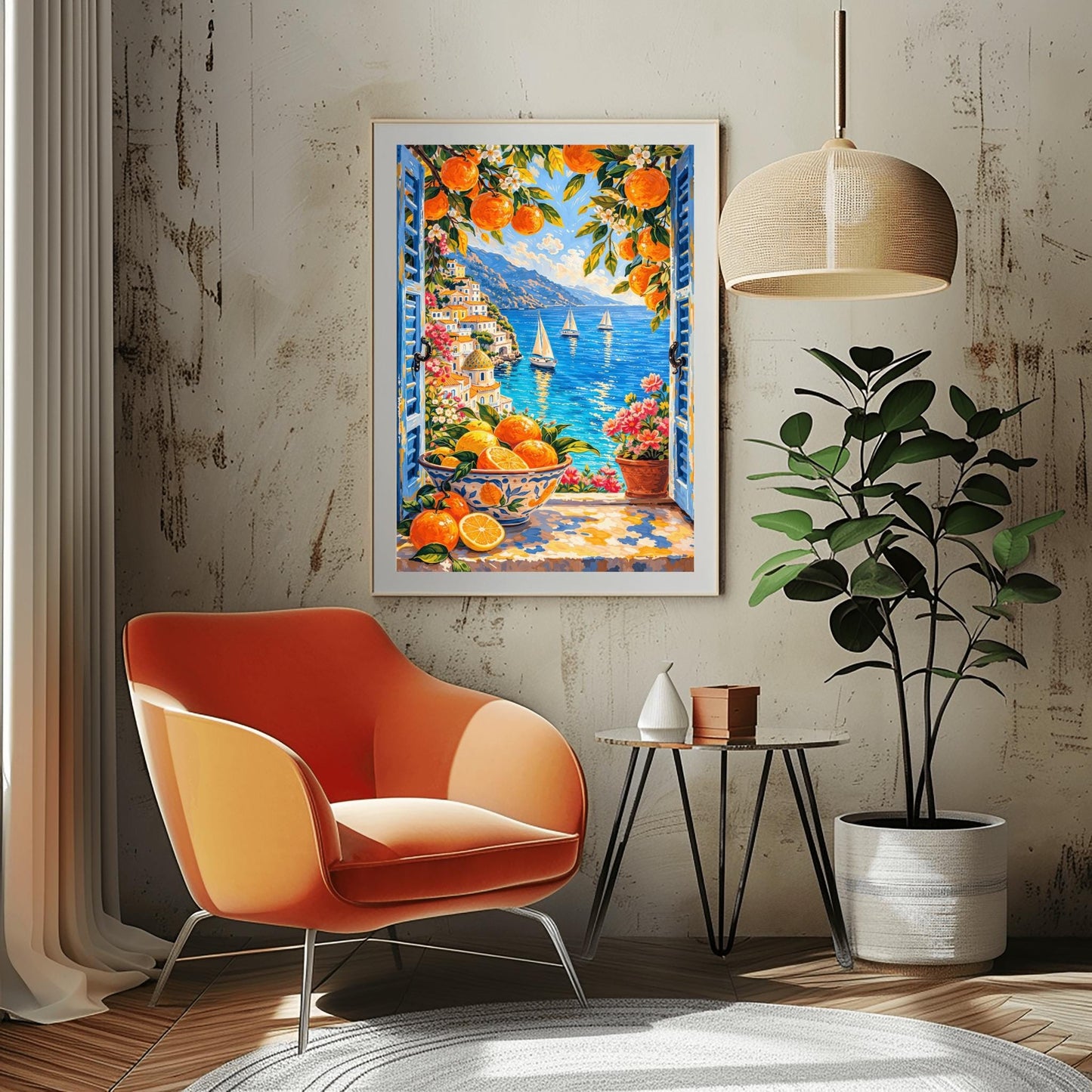 A vertical painterly illustration looking through open blue shutters at a coastal town with a yellow-domed cathedral and a blue sea with sailboats. In the foreground, a ceramic bowl holds oranges and lemons on a stone windowsill next to a pot of pink flowers.