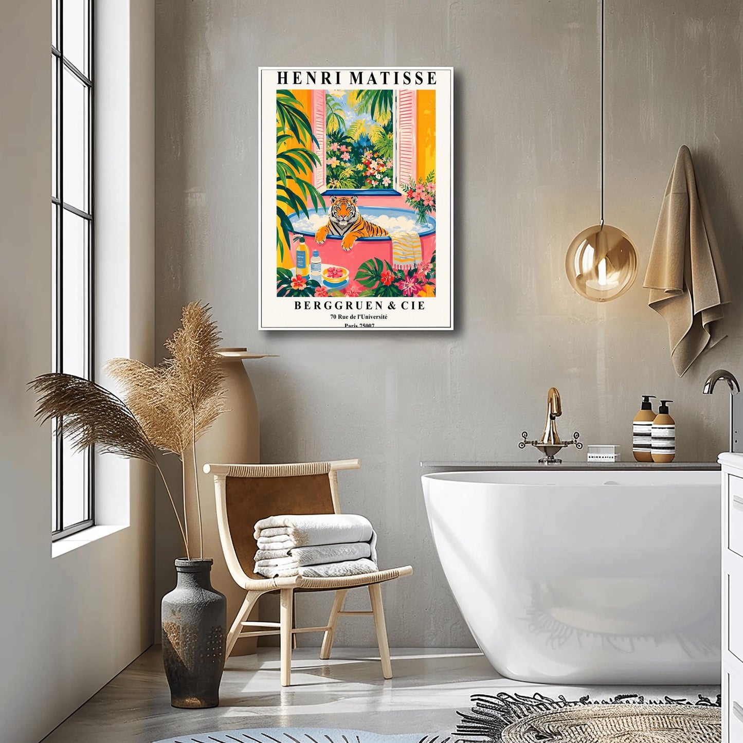 A vertical minimalist fine art exhibition poster in the style of Henri Matisse, featuring a wide white border layout. In the center, a simple black line drawing illustrates a tiger in a crouching, stalking pose. The illustration is set against a vibrant mustard yellow background block, framed by flat paper-cut abstract shapes including a royal blue coral leaf on the left and a terracotta red shape on the right against a solid white backdrop.