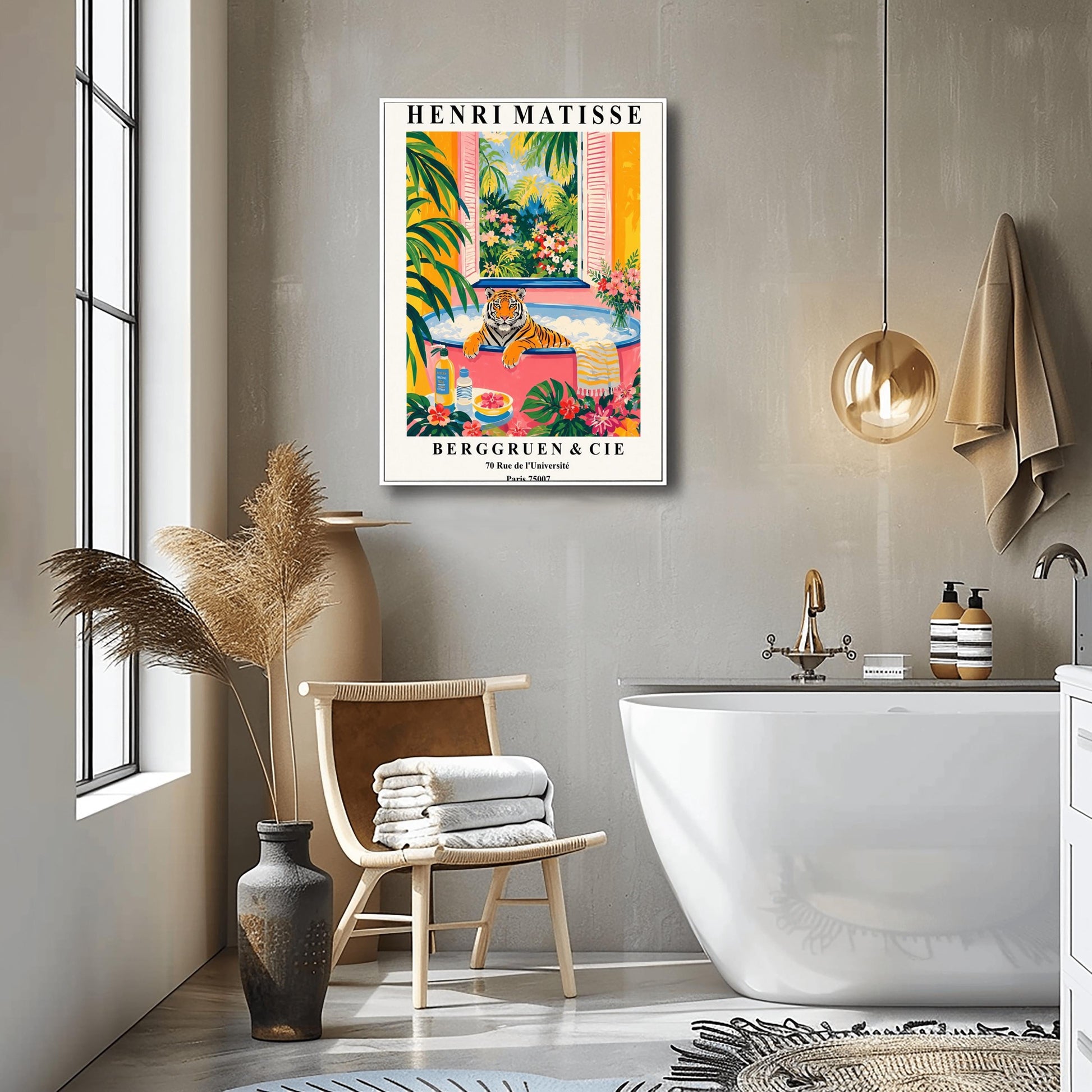 A vertical minimalist fine art exhibition poster in the style of Henri Matisse, featuring a wide white border layout. In the center, a simple black line drawing illustrates a tiger in a crouching, stalking pose. The illustration is set against a vibrant mustard yellow background block, framed by flat paper-cut abstract shapes including a royal blue coral leaf on the left and a terracotta red shape on the right against a solid white backdrop.