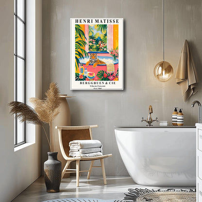 A vertical minimalist fine art exhibition poster in the style of Henri Matisse, featuring a wide white border layout. In the center, a simple black line drawing illustrates a tiger in a crouching, stalking pose. The illustration is set against a vibrant mustard yellow background block, framed by flat paper-cut abstract shapes including a royal blue coral leaf on the left and a terracotta red shape on the right against a solid white backdrop.