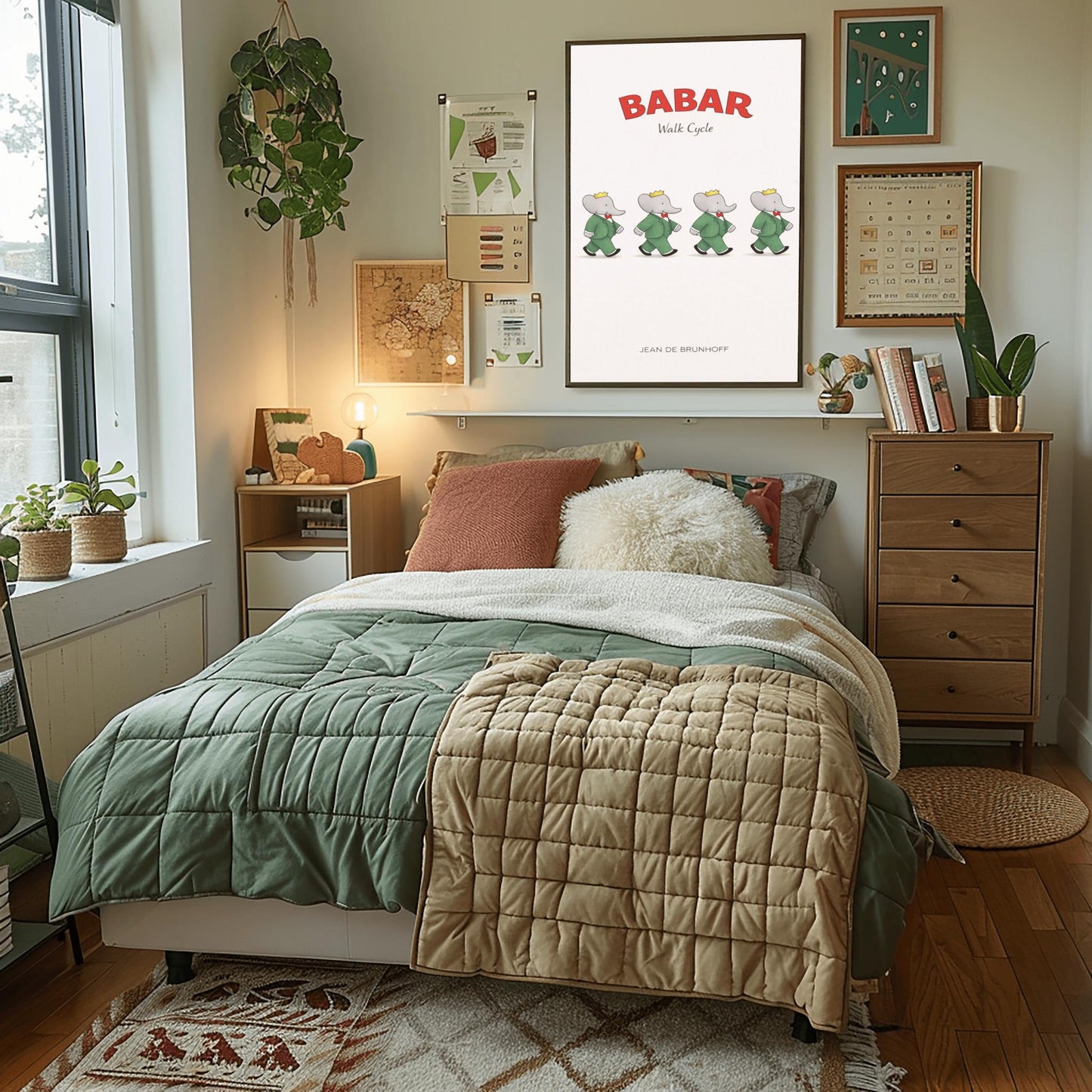 A vertical minimalist illustration poster titled "BABAR: Walk Cycle" in red and grey. The image features four identical figures of an elephant (Babar) in a green suit and crown, arranged in a horizontal line. Each figure is shown in a different stage of a walking stride, creating an animation sequence. The background is solid off-white. The name "JEAN DE BRUNHOFF" is at the bottom.