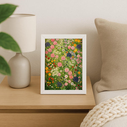 A vertical full-bleed painting in the style of Gustav Klimt showing a dense, vibrant meadow of wildflowers. The entire frame is filled with an intricate, mosaic-like arrangement of thickly painted flowers, including large clusters of white and cream blossoms at the top, a dense field of orange and white poppies to the right, and deep purple and magenta pansies near the bottom, all set against a textured emerald and chartreuse green background.