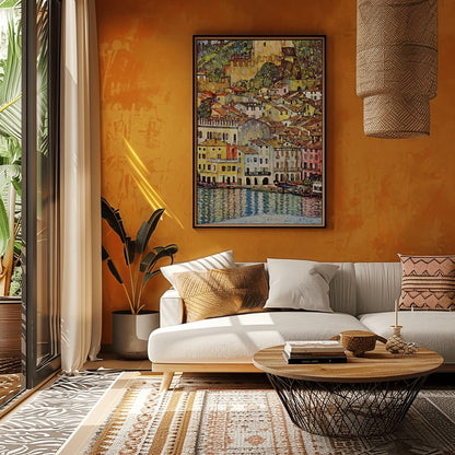 A vertical fine art reproduction of Gustav Klimt's "Malcesine on Lake Garda." The painting depicts a dense Italian village of colorful houses with red-tiled roofs nestled along a lake. A medieval castle stands on a hill above the town. The water in the foreground features vibrant blue and gold reflections. The style is a decorative, mosaic-like landscape typical of Klimt's later works.