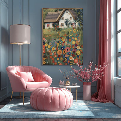 A vertical oil painting in the style of Gustav Klimt. A white-washed cottage with a brown thatched roof sits behind a dense field of colorful, circular wildflowers in shades of orange, red, blue, and yellow. The style features heavy, decorative textures and subtle golden highlights throughout the garden and roof.