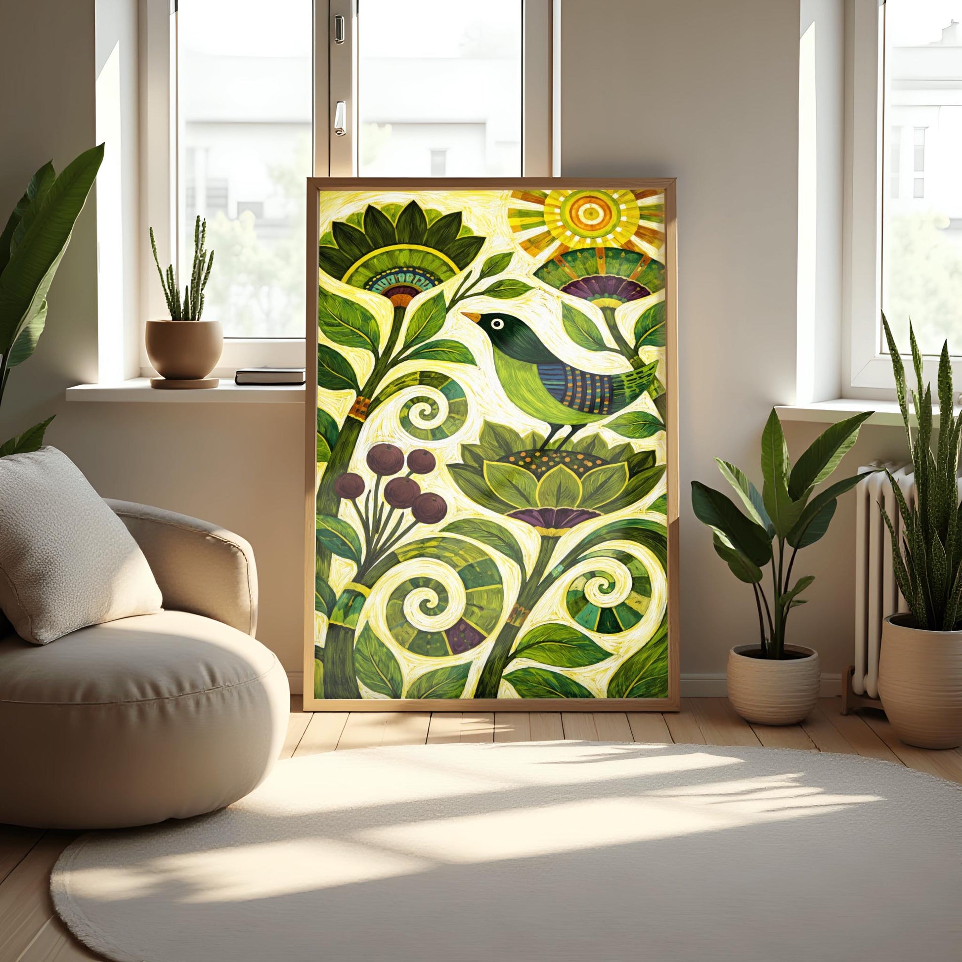 A vertical folk-style art print. A green-headed bird with a blue and purple striped wing sits on a large, stylized green flower. Swirling vines and leaves in various shades of green fill the bottom half of the frame, accompanied by a cluster of dark purple berries. In the top right corner, a bright yellow sun with concentric circles and rectangular rays shines down. The background is a textured off-white with fine, rhythmic brushstrokes throughout the composition.