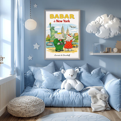 A vertical children's illustration poster titled "BABAR à New York" in large yellow and red letters. King Babar, in a green suit and crown holding a camera, and Queen Celeste, in a red polka-dot dress, stand on a shoreline. The background features the Statue of Liberty, the Chrysler Building, and the Empire State Building. A yellow taxi, a white boat on the blue water, and a white airplane in the sky complete the city scene. The name "Laurent de Brunhoff" is at the bottom.