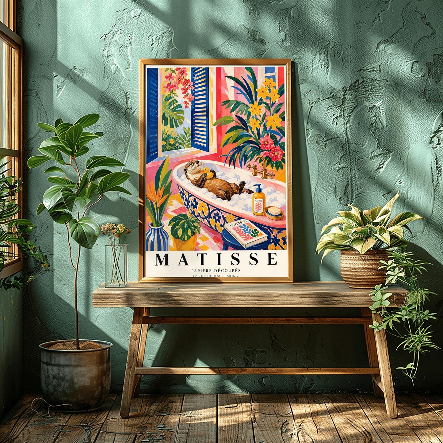A vertical maximalist art print designed as a Henri Matisse exhibition poster. A brown otter floats on its back in a pink bubble bath, holding a small yellow rubber ducky. The bathtub has a blue and yellow floral pattern. The room is filled with vibrant tropical plants, pink walls, and yellow checkered tiles. A blue-shuttered window looks out onto a sunny garden. In the foreground, an art book and a striped vase are visible. Bold black text at the bottom reads "MATISSE PAPIERS DÉCOUPÉS"