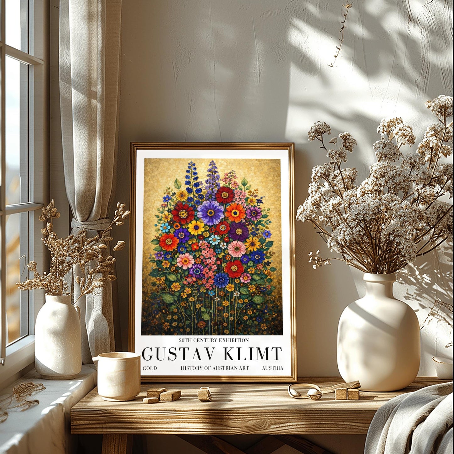 A vertical art print in the style of Gustav Klimt featuring a dense bouquet of colorful wildflowers. The flowers, including red, purple, and orange zinnias and tall blue delphiniums, are rendered as intricate mosaics with geometric patterns. The entire arrangement is set against a shimmering, gold-tiled background that glows with metallic light. The style is highly decorative, maximalist, and vibrant.