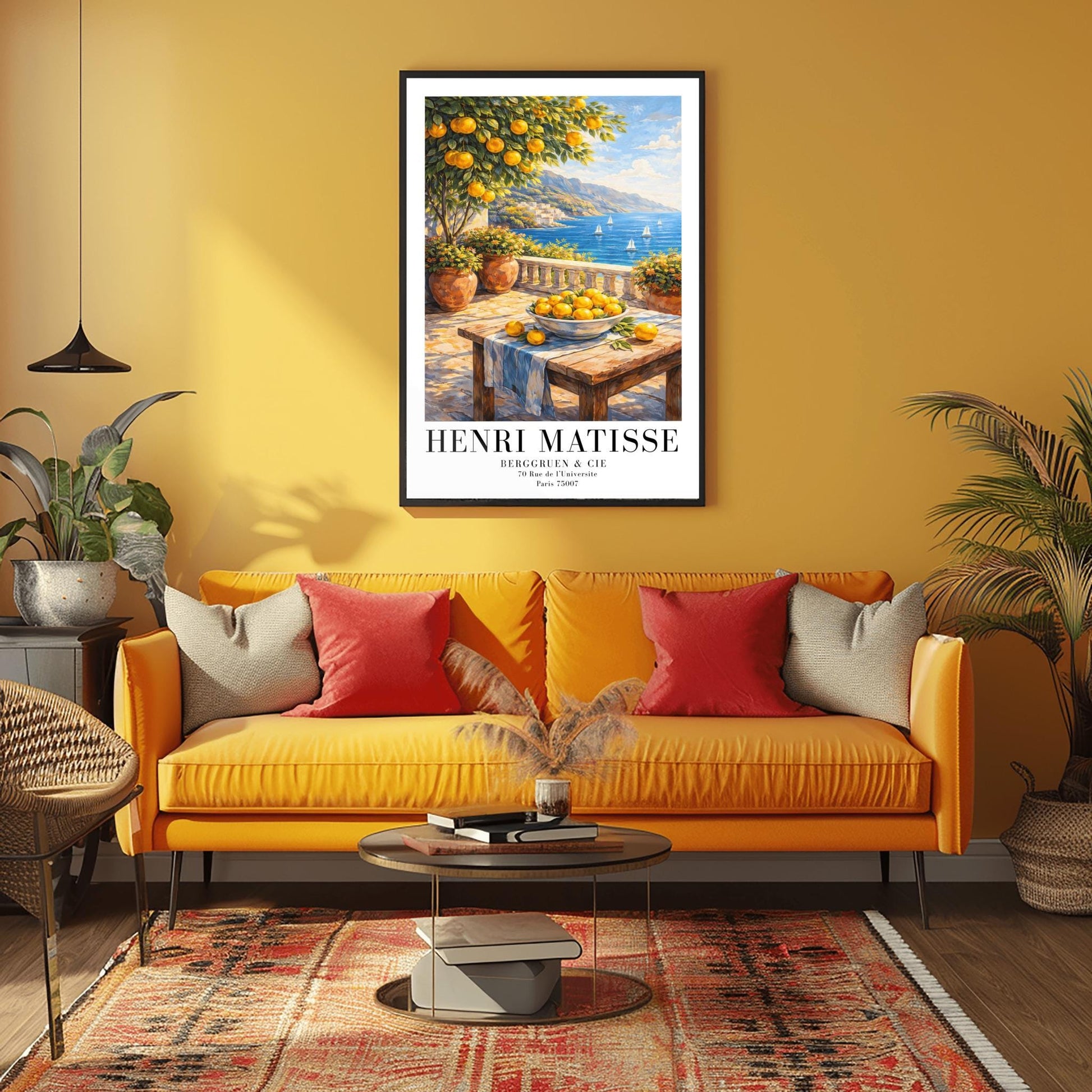 A vertical painterly illustration of a stone terrace overlooking a blue sea with sailboats. In the foreground, a wooden table holds a bowl of oranges and lemons. A citrus tree and flower-filled terracotta pots frame the view. Distant white-washed buildings sit on a coastline under a blue sky.
