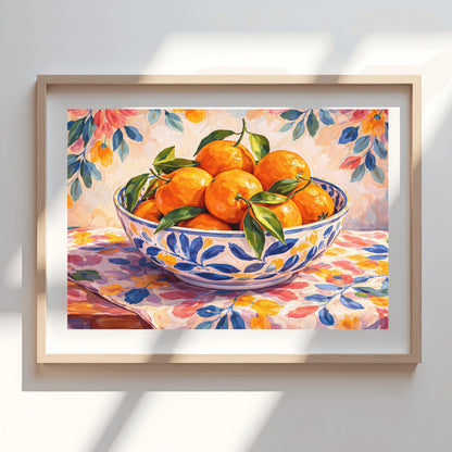 A horizontal painterly illustration of a large blue and white patterned ceramic bowl filled with bright oranges and green leaves. The bowl sits on a table covered with a pink and yellow floral cloth, with a matching soft floral pattern in the background.