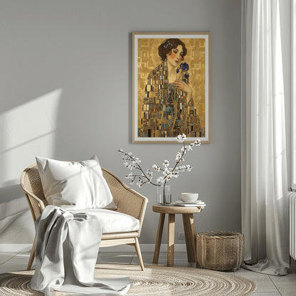 A vertical fine art portrait in the style of Gustav Klimt. A woman with auburn hair and a serene expression holds a deep purple iris. She wears an intricate robe made of gold and blue mosaic patterns with "eye" motifs. She is set against a textured gold leaf background with a large golden halo behind her head.