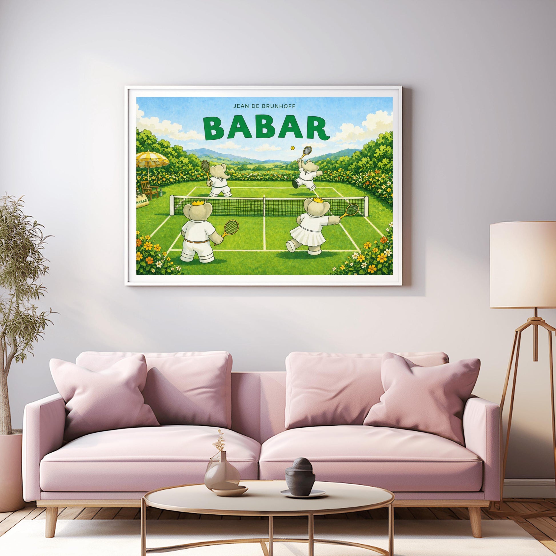 A horizontal watercolor-style illustration of four elephants playing tennis on a bright green grass court. Two elephants in the foreground have their backs to the viewer and wear small gold crowns; one wears a white tennis dress and the other a white shirt and trousers. Two other elephants are across the net, with one jumping to hit a yellow ball. The court is surrounded by yellow and orange flowers, with a yellow-striped umbrella on the left and rolling blue hills in the far distance
