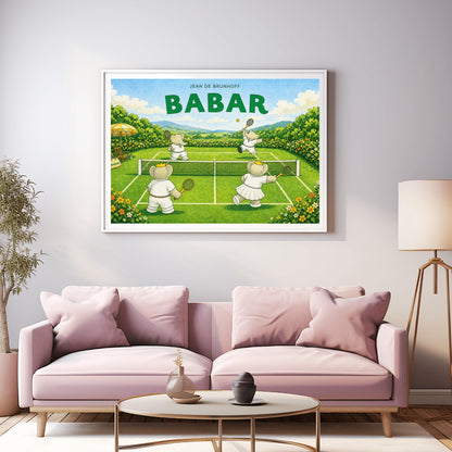 A horizontal watercolor-style illustration of four elephants playing tennis on a bright green grass court. Two elephants in the foreground have their backs to the viewer and wear small gold crowns; one wears a white tennis dress and the other a white shirt and trousers. Two other elephants are across the net, with one jumping to hit a yellow ball. The court is surrounded by yellow and orange flowers, with a yellow-striped umbrella on the left and rolling blue hills in the far distance