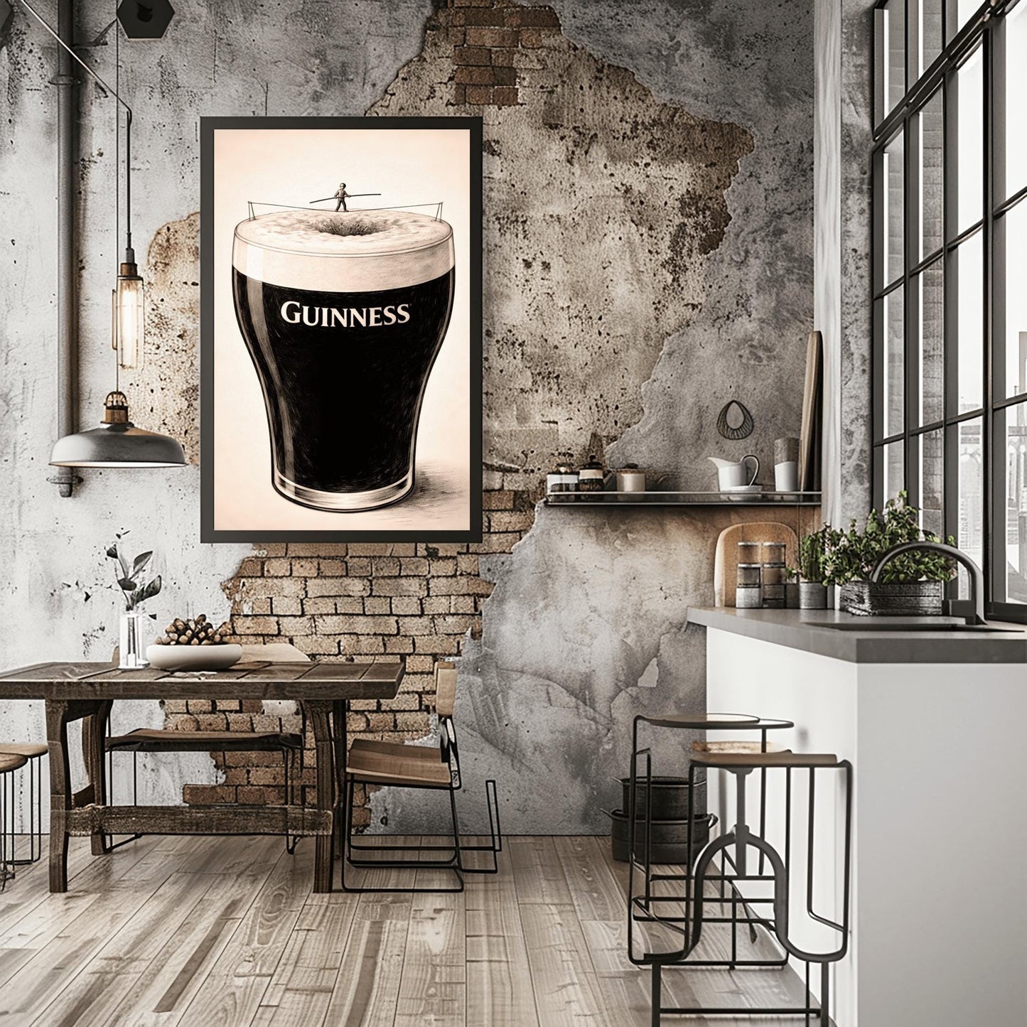 A vertical charcoal-style illustration of a pint of Guinness. A tiny silhouette of a person balances on a tightrope stretched across the white foam at the top of the glass. The body of the beer is deep black with the word "GUINNESS" in white. The background is a light, textured cream.