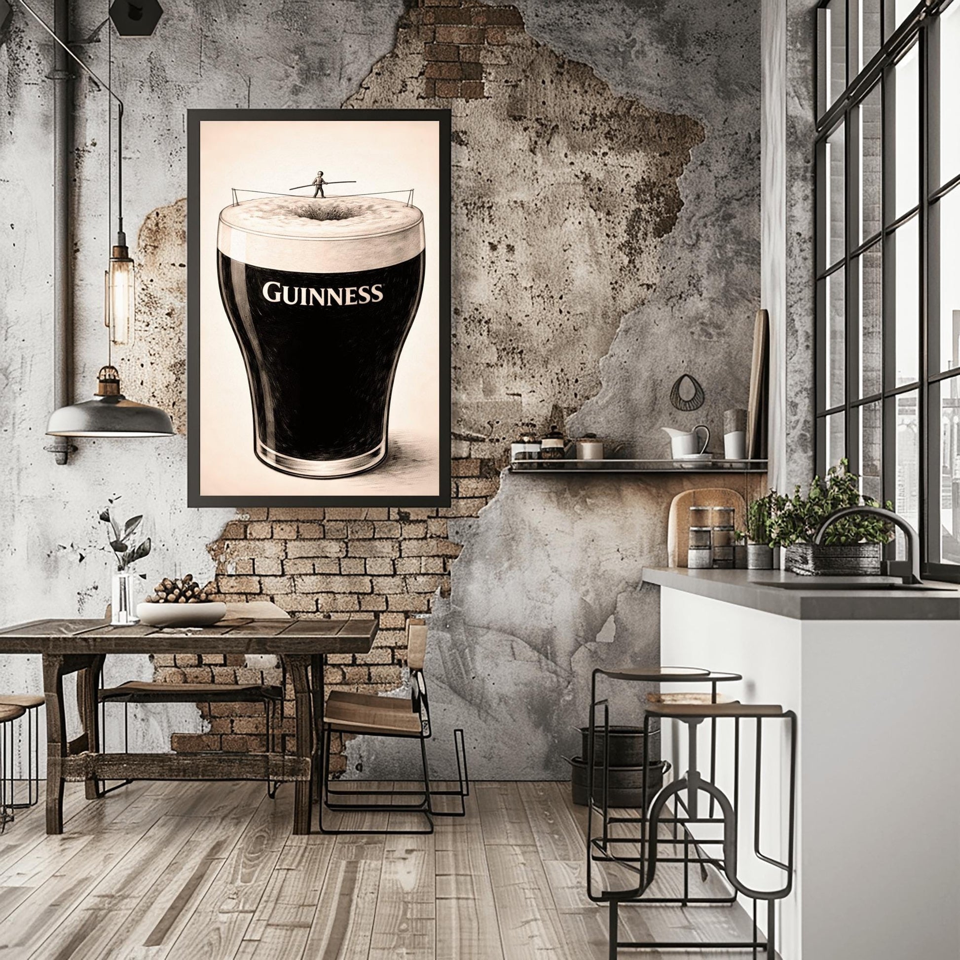 A vertical charcoal-style illustration of a pint of Guinness. A tiny silhouette of a person balances on a tightrope stretched across the white foam at the top of the glass. The body of the beer is deep black with the word "GUINNESS" in white. The background is a light, textured cream.