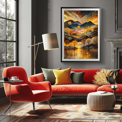 A vertical fine art print in the style of Gustav Klimt. A mountain range is made of rhythmic, undulating layers of blue, purple, and gold with mosaic patterns. Seven large golden spheres float in the air. The sky features swirling golden clouds and stars. In the foreground, a line of golden trees stands before a lake reflecting golden light.