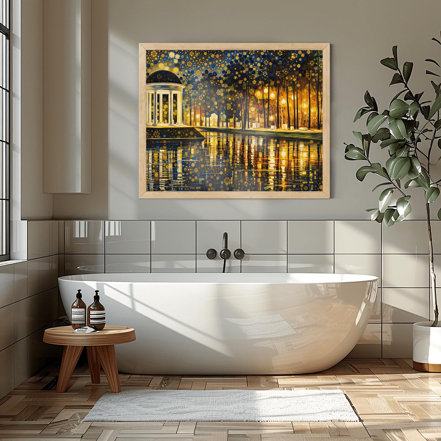A horizontal fine art print in the style of Gustav Klimt. On the left, a white classical domed pavilion with columns glows brightly. It sits beside a dark lake that reflects the light in golden ripples. To the right is a forest of thin trees. The entire sky is a dense mosaic of golden flower patterns and stars.