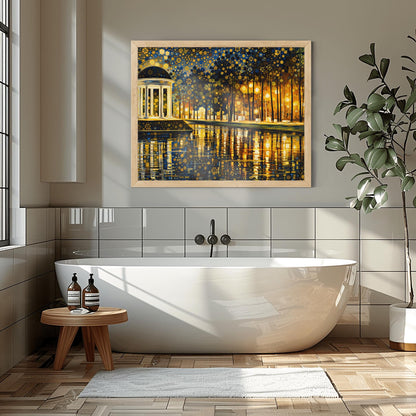 A horizontal fine art print in the style of Gustav Klimt. On the left, a white classical domed pavilion with columns glows brightly. It sits beside a dark lake that reflects the light in golden ripples. To the right is a forest of thin trees. The entire sky is a dense mosaic of golden flower patterns and stars.
