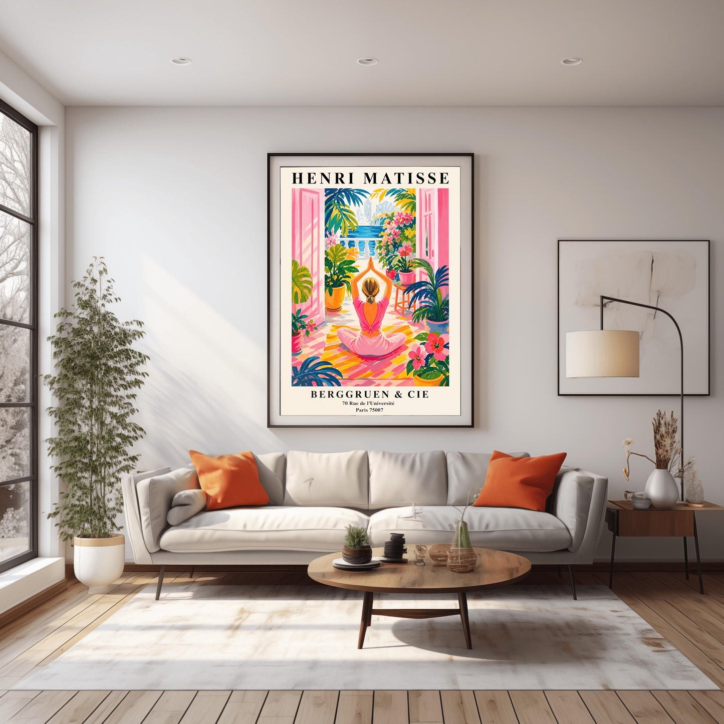A vertical maximalist art print styled as a Henri Matisse exhibition poster. A woman with blonde hair tied back is seen from behind, sitting on a yellow-and-orange striped yoga mat in a yoga pose with her hands joined above her head. She faces open pink French doors that lead to a balcony with a view of a blue sea and a distant city. The terrace is filled with vibrant pink flowers, large green tropical plants in yellow pots, and a small wooden stool.