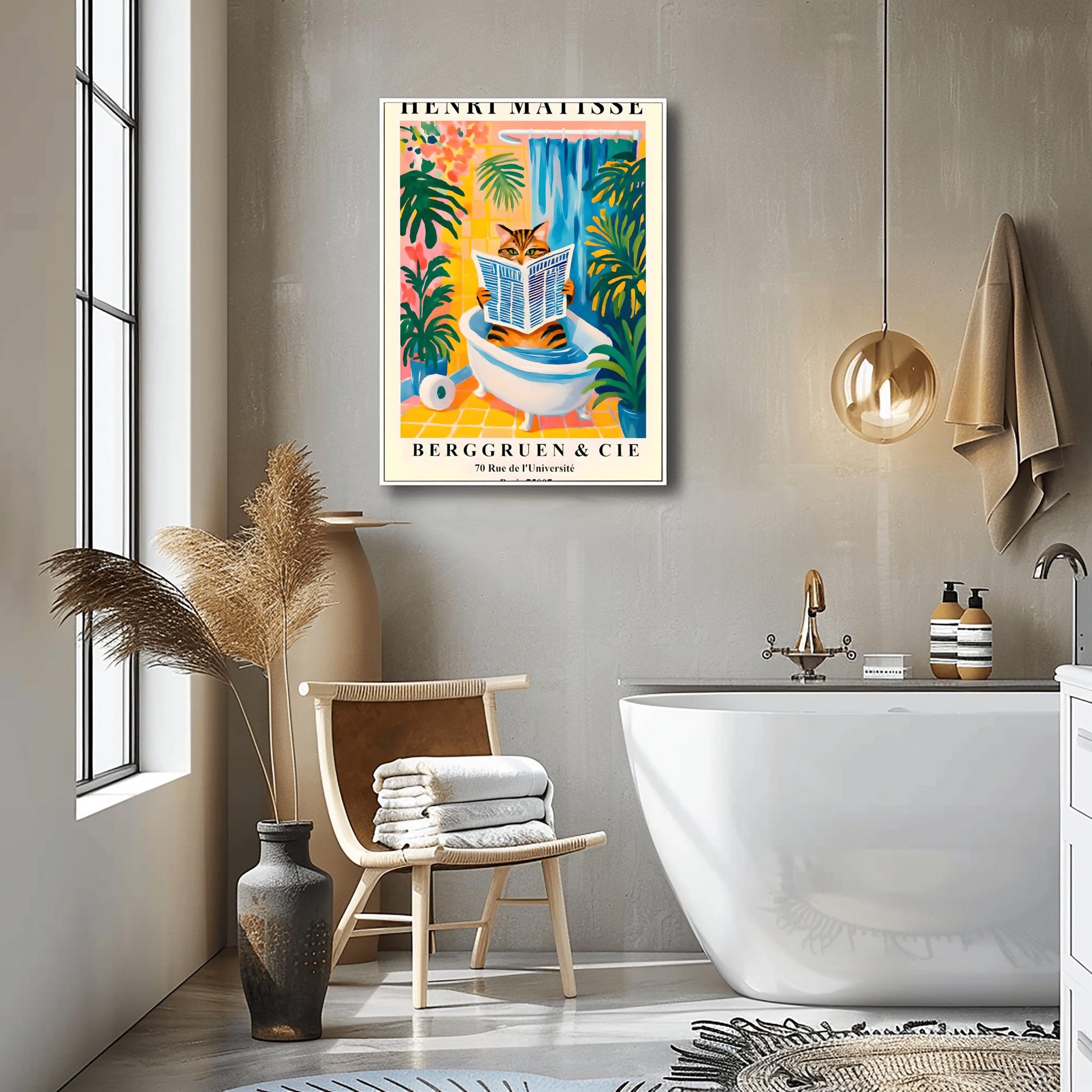 Bathroom interior with a colorful poster on the wall, a bathtub, and decorative elements with a Matisse cat print on the wall.