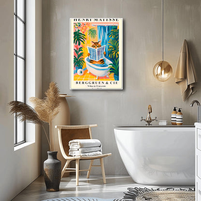 Bathroom interior with a colorful poster on the wall, a bathtub, and decorative elements with a Matisse cat print on the wall.