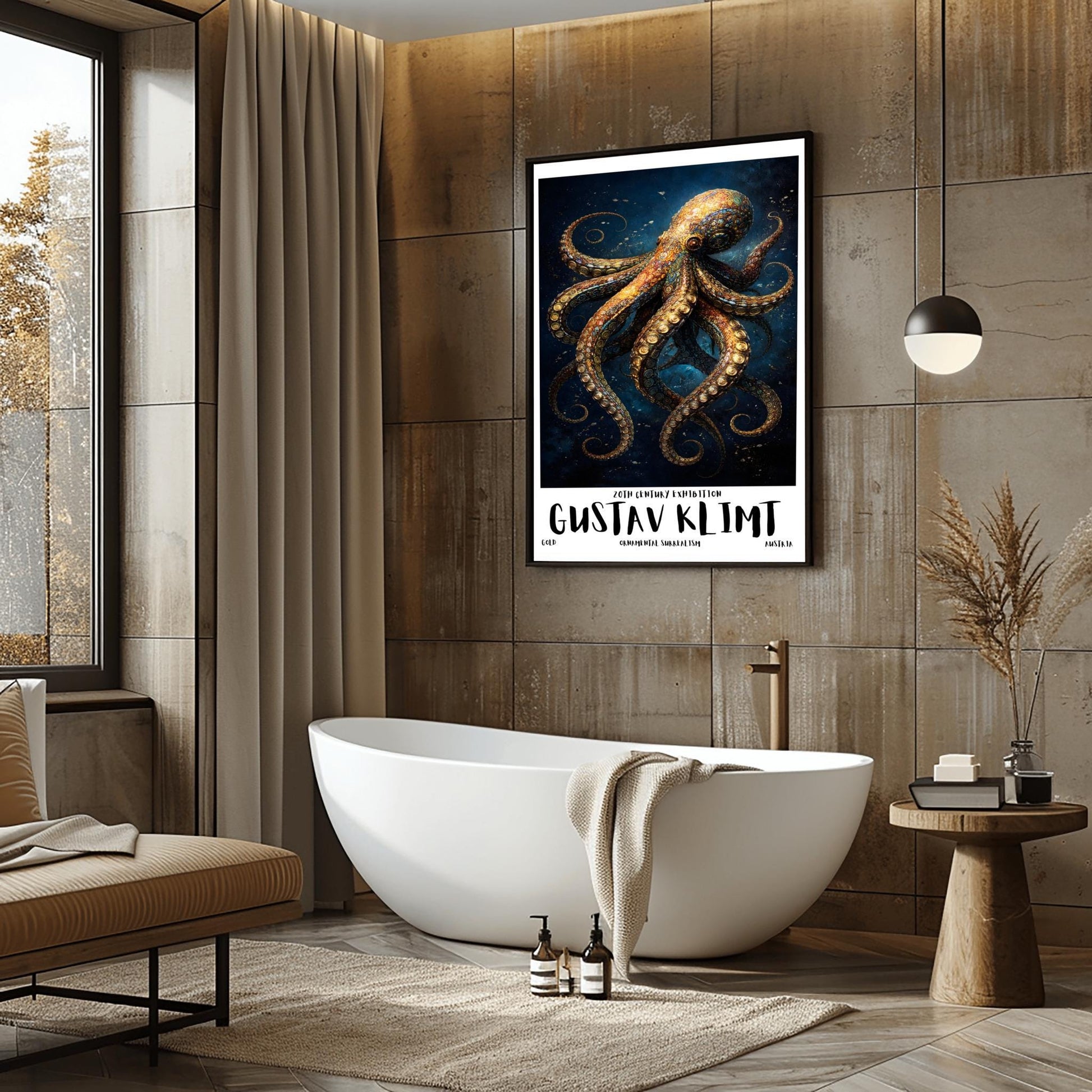 A vertical exhibition poster for Gustav Klimt featuring a highly detailed octopus against a dark navy background. The octopus is covered in golden mosaic patterns and spirals. Below the art, bold text reads "GUSTAV KLIMT" and "Ornamental Surrealism."
