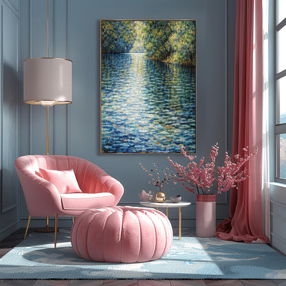 A horizontal landscape art print in the style of Gustav Klimt. A wide river fills the foreground and center, rendered as a shimmering mosaic of deep blue, teal, and white tiles. Bright yellow sunlight reflects off the water at the top, creating a golden glow. The river is bordered on the right by a dense bank of trees with green and gold leaves, also shown in a mosaic or pointillist style.