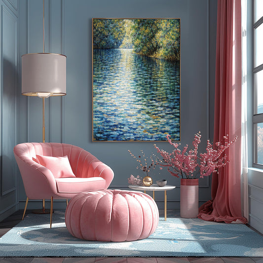 A horizontal landscape art print in the style of Gustav Klimt. A wide river fills the foreground and center, rendered as a shimmering mosaic of deep blue, teal, and white tiles. Bright yellow sunlight reflects off the water at the top, creating a golden glow. The river is bordered on the right by a dense bank of trees with green and gold leaves, also shown in a mosaic or pointillist style.