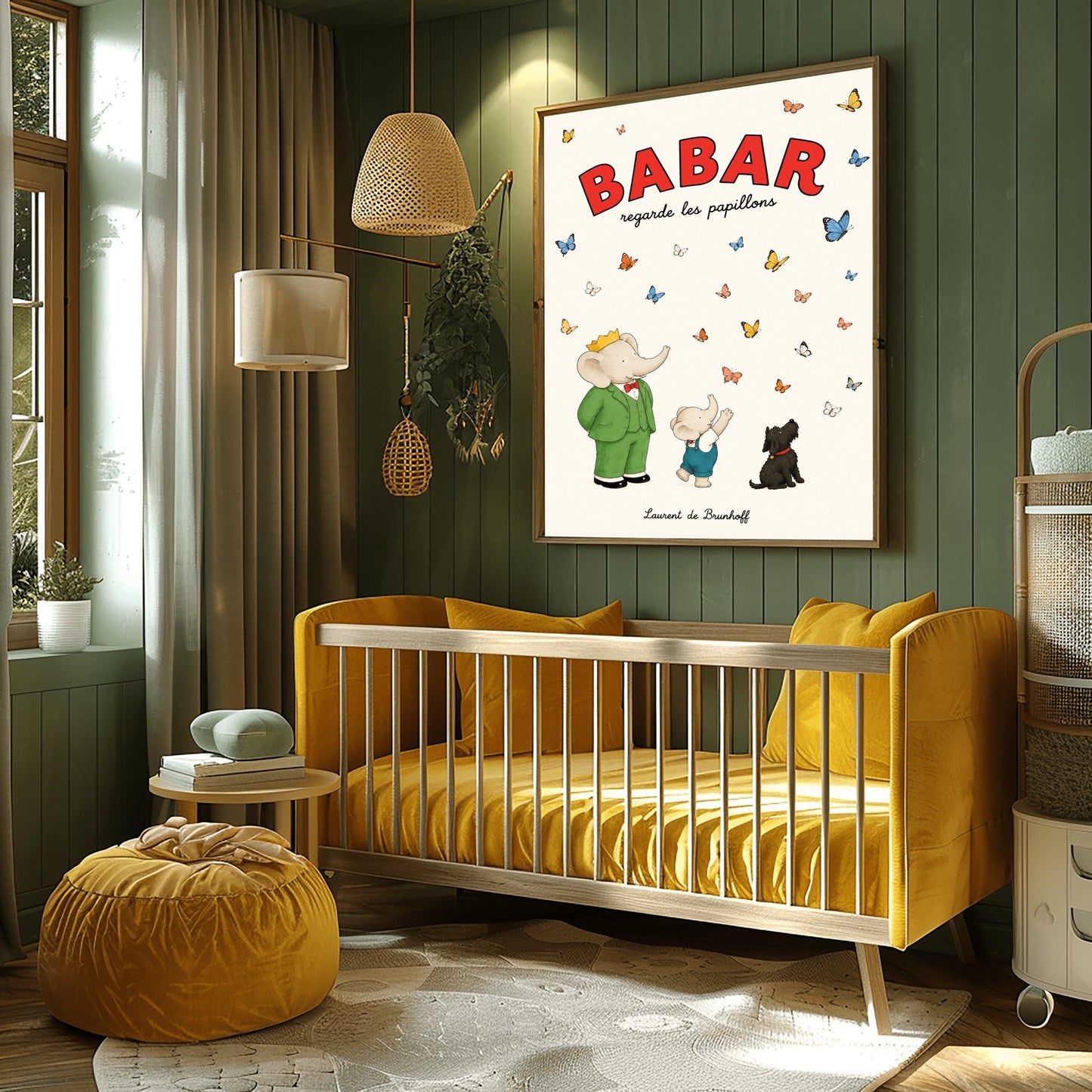 A vertical retro fine art exhibition poster titled "BABAR regarde les papillons" on a wide cream border. The top "BABAR" text is printed in a bold red font. The illustration shows an elephant wearing a crown and green suit standing next to a smaller elephant reaching up toward a sky filled with dozens of colorful blue, yellow, orange, and white butterflies. A small black dog sits patiently on the ground looking up at them. The name "Laurent de Brunhoff" anchors the bottom.