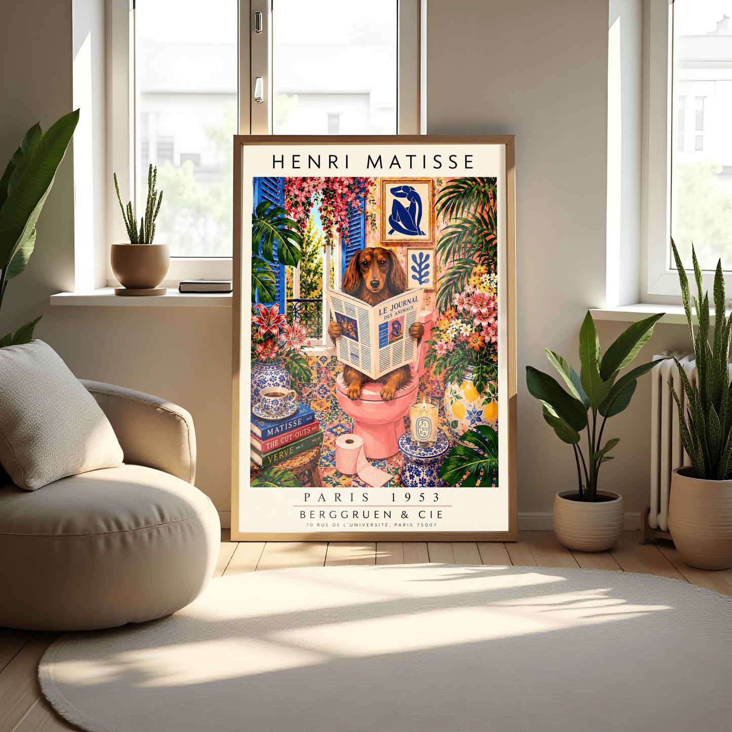 A vertical vintage-style art exhibition poster titled "HENRI MATISSE" at the top and "PARIS 1953 BERGGRUEN & CIE" at the bottom. The main image features a long-haired brown Dachshund dog sitting on a pink toilet inside an incredibly ornate bathroom, reading a newspaper titled "LE JOURNAL DES ANIMAUX". The background is a dense, colorful display of patterned wall tiles, framed Matisse paper cutouts, large green tropical houseplants, and vases full of pink lilies and flowers.