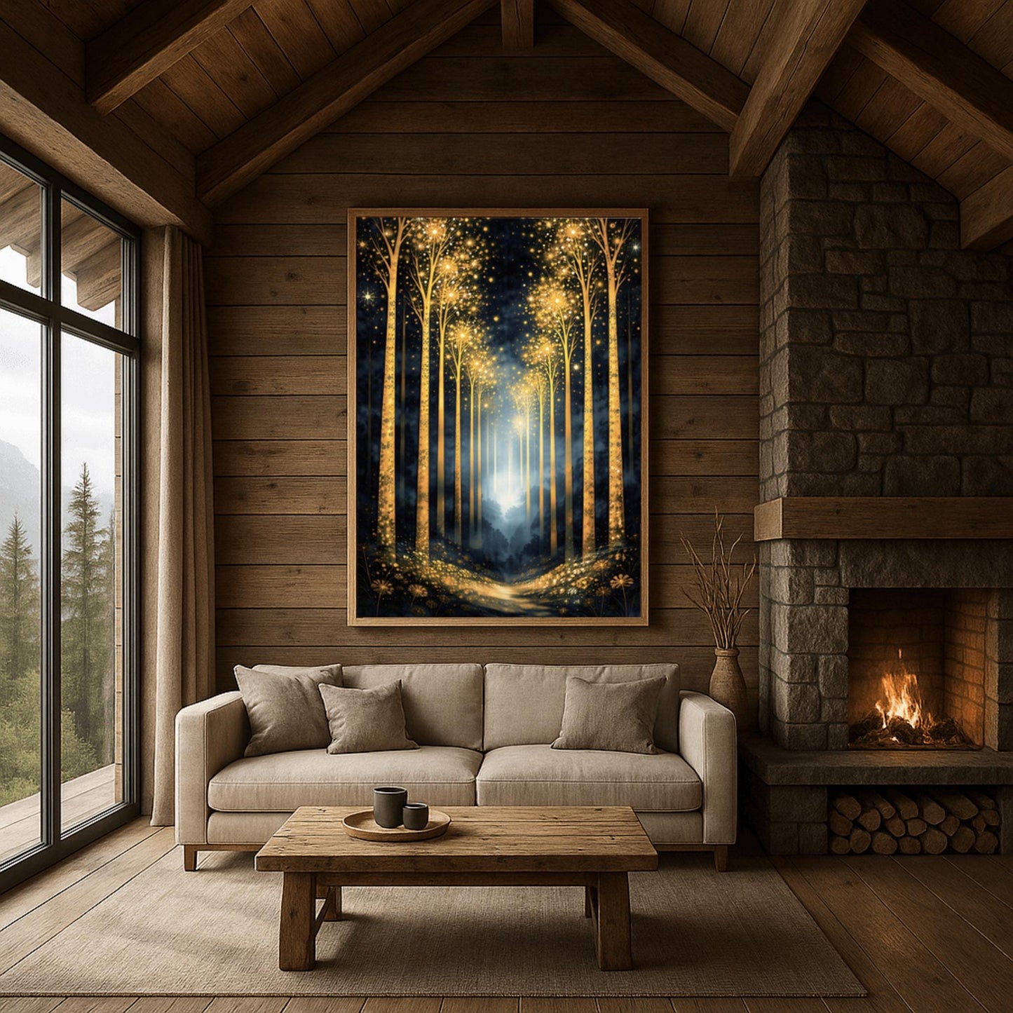 A vertical full-bleed illustration of a birch forest at night in the style of Gustav Klimt. The slender trunks are covered in golden patterns, and the tops of the trees explode into golden sparks and stars. A glowing golden path leads into a misty blue distance.