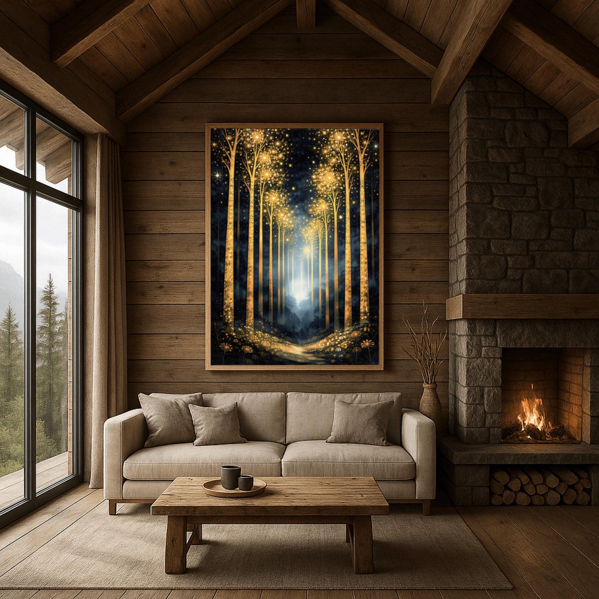 A vertical full-bleed illustration of a birch forest at night in the style of Gustav Klimt. The slender trunks are covered in golden patterns, and the tops of the trees explode into golden sparks and stars. A glowing golden path leads into a misty blue distance.