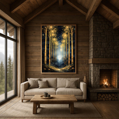 A vertical full-bleed illustration of a birch forest at night in the style of Gustav Klimt. The slender trunks are covered in golden patterns, and the tops of the trees explode into golden sparks and stars. A glowing golden path leads into a misty blue distance.