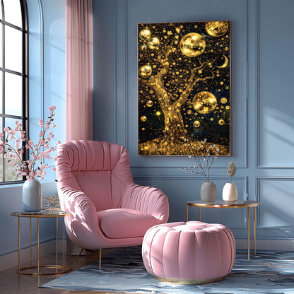 A vertical fine art print in the style of Gustav Klimt. A large, gnarled tree made of gold leaf stands against a dark navy sky filled with thousands of golden stardust dots. Large, glowing golden spheres hang from the branches like fruit. A patterned crescent moon is visible in the top right.