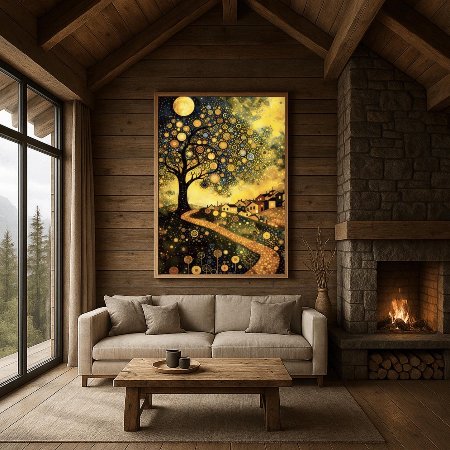 A vertical fine art painting in the style of Gustav Klimt. A large tree on the left is covered in golden concentric circles and spirals. A golden, mosaic-textured path winds through dark hills toward a village with lit windows under a full moon. The sky is dark blue with swirling golden stardust patterns. The foreground is decorated with stylized golden flowers.