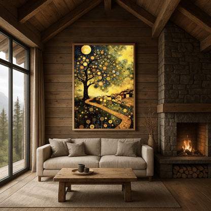 A vertical fine art painting in the style of Gustav Klimt. A large tree on the left is covered in golden concentric circles and spirals. A golden, mosaic-textured path winds through dark hills toward a village with lit windows under a full moon. The sky is dark blue with swirling golden stardust patterns. The foreground is decorated with stylized golden flowers.
