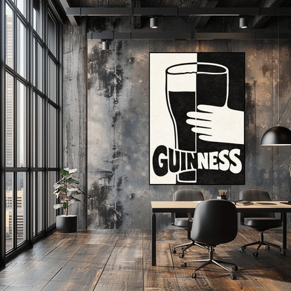 A vertical minimalist graphic split down the center: the left half is cream and the right half is black. A large Guinness pint in the center reverses its colors across the split. A white hand holds the glass from the right. The word "GUINNESS" at the bottom also reverses colors across the divide.