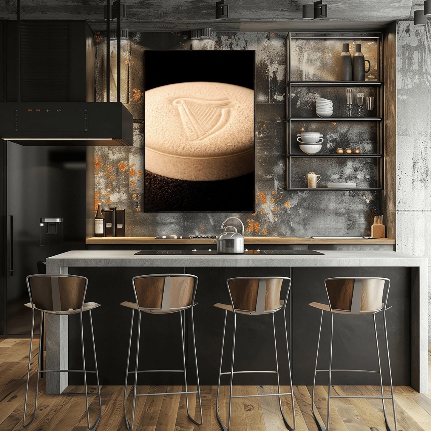 A vertical macro photograph of the thick, creamy foam head on a pint of Guinness. The iconic Guinness harp is embossed into the center of the velvety bubbles. The image features warm cream tones against a dark, shadowy background.