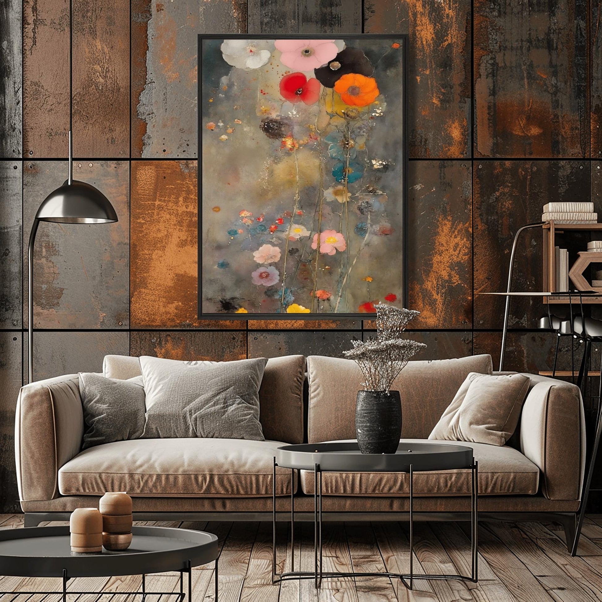 A vertical oil painting in the style of Gustav Klimt with an ethereal, muted twist. A cluster of large, soft-petaled poppies in coral, pink, and white rise from the bottom against a moody, textured grey and gold background. The painting features subtle splatters and impressionist brushwork, creating a dreamy, atmospheric garden scene.