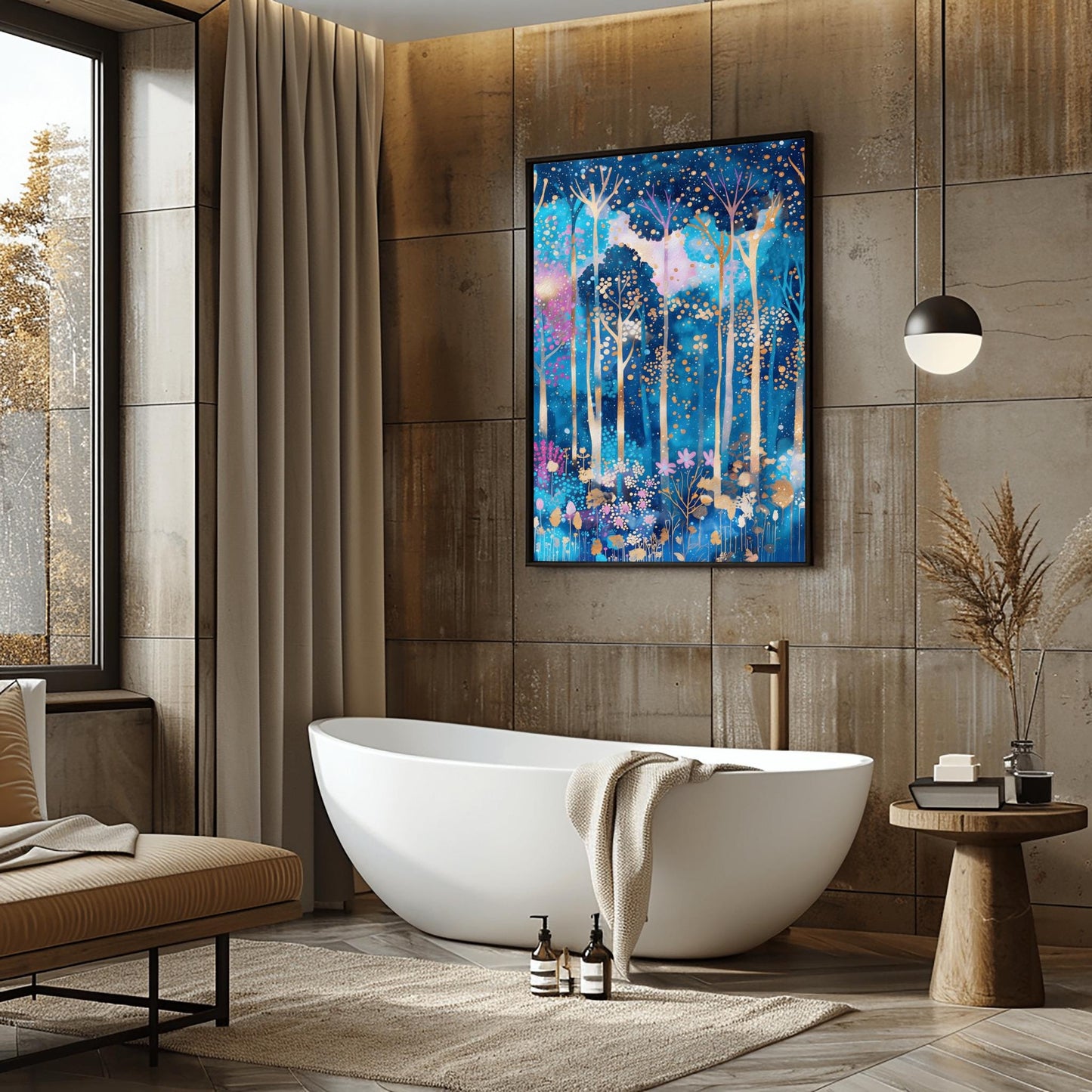 A vertical fine art print in the style of Gustav Klimt. A mystical forest with slender, glowing white and gold tree trunks set against a deep blue and periwinkle background. The canopy and floor are filled with thousands of tiny, glowing gold and amber dots, with small pink flowers at the base, creating a mosaic-like effect.