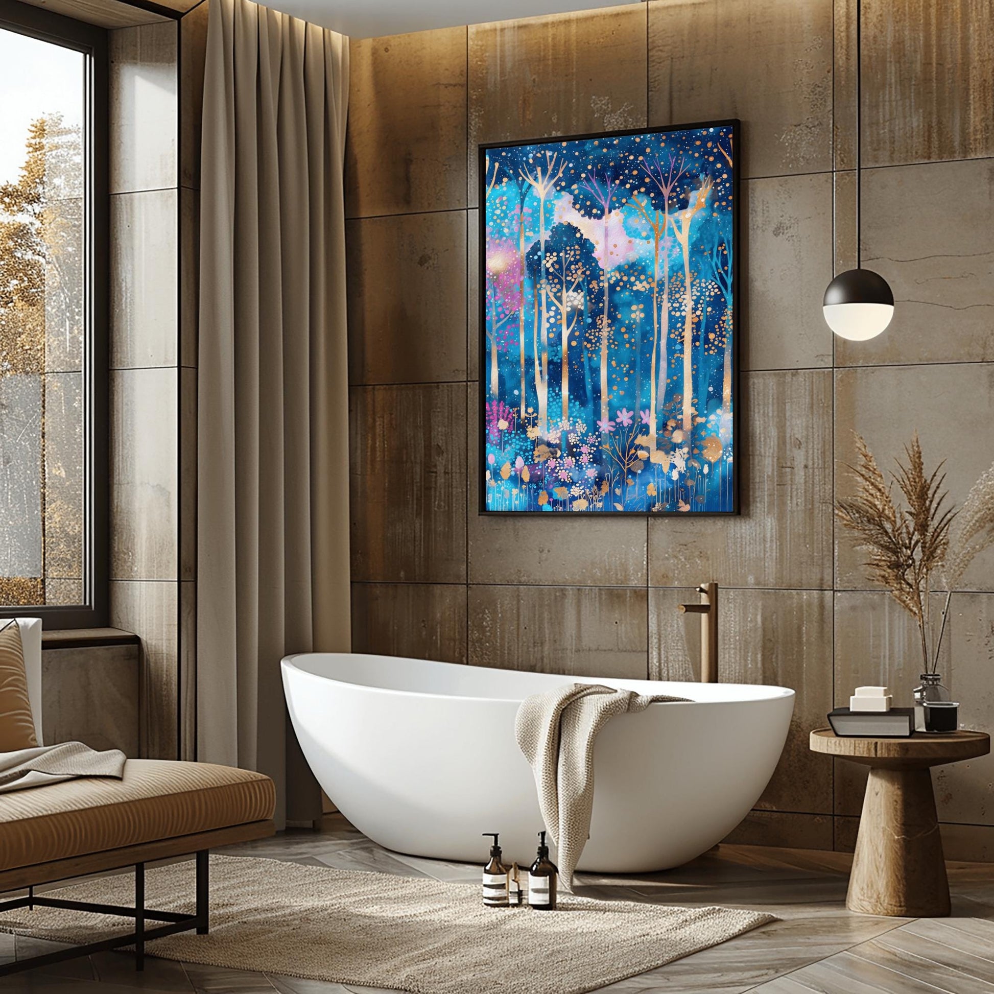A vertical fine art print in the style of Gustav Klimt. A mystical forest with slender, glowing white and gold tree trunks set against a deep blue and periwinkle background. The canopy and floor are filled with thousands of tiny, glowing gold and amber dots, with small pink flowers at the base, creating a mosaic-like effect.