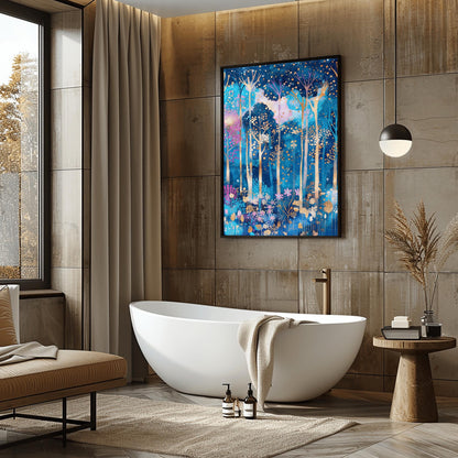A vertical fine art print in the style of Gustav Klimt. A mystical forest with slender, glowing white and gold tree trunks set against a deep blue and periwinkle background. The canopy and floor are filled with thousands of tiny, glowing gold and amber dots, with small pink flowers at the base, creating a mosaic-like effect.