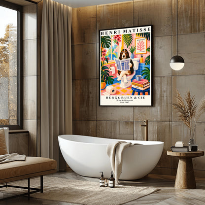 A vertical maximalist art print designed as a Henri Matisse exhibition poster. A brown, black, and white Basset Hound is sitting on a white toilet with its legs crossed, holding and reading a newspaper titled "Le Journal." The bathroom is vibrantly colored with pink walls, blue wall tiles, and a pink and yellow checkered floor. The room is filled with large green tropical plants and red flowers. A stack of art books and a striped mug sit on a blue stool.