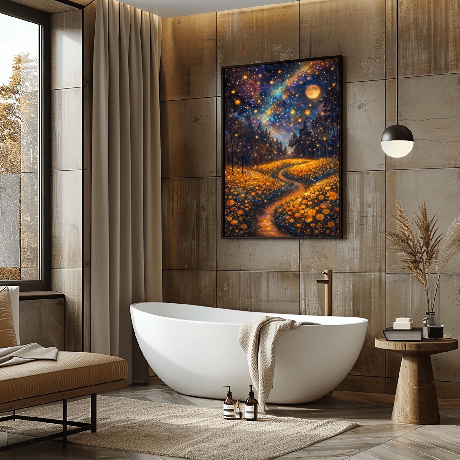 A vertical fine art print in the style of Gustav Klimt. A glowing path winds through a dense field of amber-colored wildflowers. Dark silhouettes of trees stand in the middle ground. The night sky is a deep indigo nebula filled with golden stars and a large, glowing full moon.