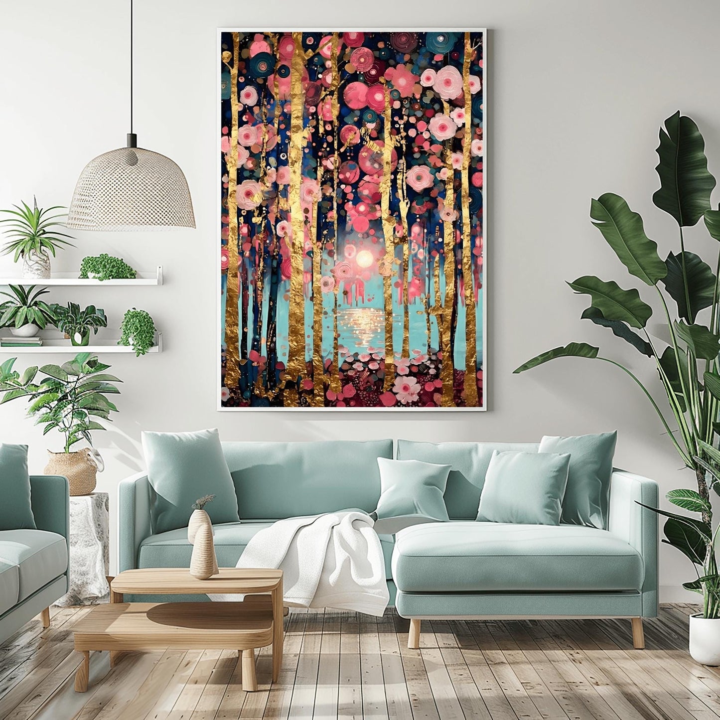 A vertical, highly detailed oil painting in the style of Gustav Klimt. Slender birch tree trunks with gold-leaf textures are surrounded by a dense field of pink, rose, and white circular floral mosaics. In the background, a soft sun reflects over a blue lake. The overall style is rich in texture with a sophisticated pink and gold color palette.