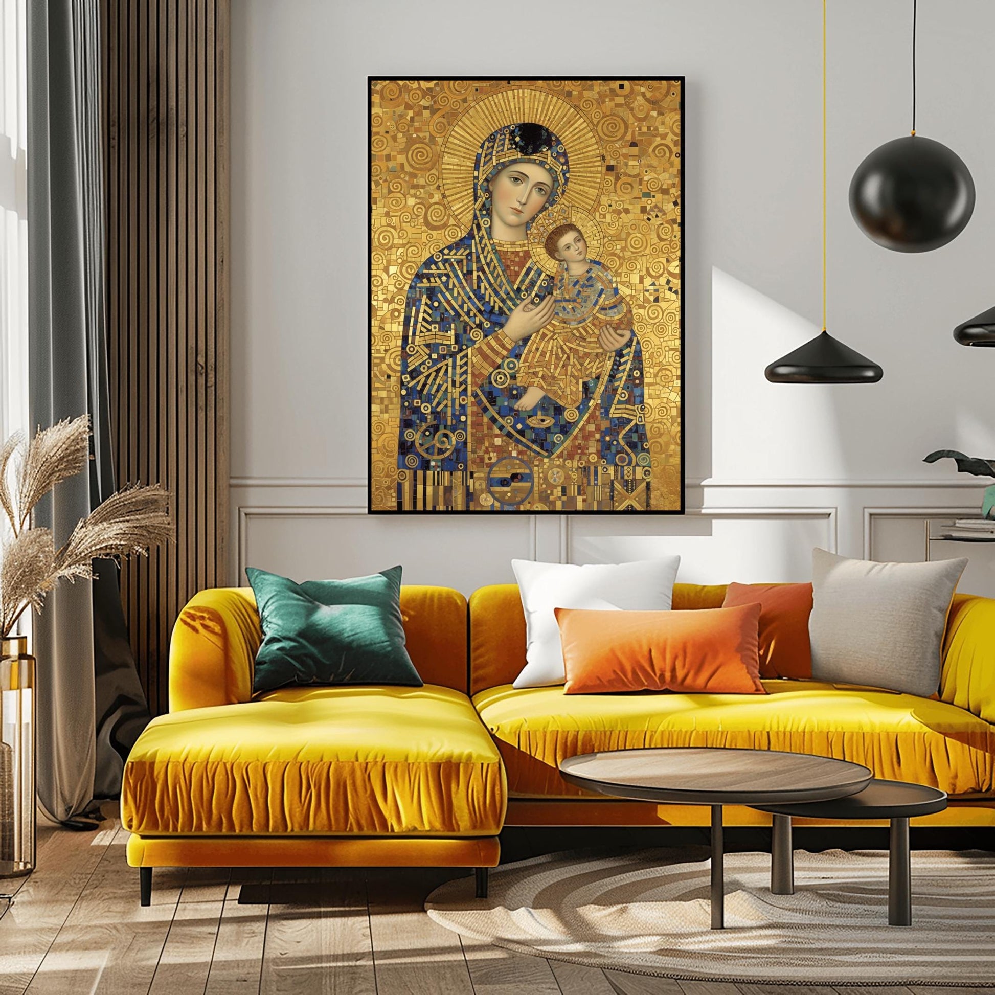 A vertical fine art print in the style of Gustav Klimt. A Madonna and Christ Child are depicted in a modern Byzantine style. Their robes are made of intricate gold and blue mosaic patterns. The Madonna has a large gold ray halo, and the entire background is a textured gold leaf with swirling spiral motifs.